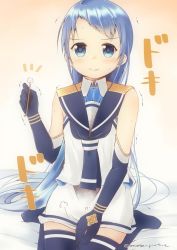 Rule 34 | 1girl, artist name, bed sheet, blue eyes, blue gloves, blue hair, blue neckerchief, blue thighhighs, closed mouth, commentary request, elbow gloves, gloves, hand on own leg, holding, kantai collection, long hair, looking at viewer, mae (maesanpicture), mimikaki, neckerchief, notice lines, sailor collar, samidare (kancolle), school uniform, serafuku, sitting, skirt, solo, swept bangs, thighhighs, trembling, very long hair, wariza, white serafuku, white skirt, zettai ryouiki