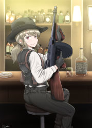 Rule 34 | 1girl, alcohol, ashtray, bar stool, black gloves, black hat, black pants, black vest, bottle, brown hair, cigarette, closed mouth, collared shirt, commentary request, cup, drinking glass, from side, gloves, gun, hat, highres, holding, holding gun, holding weapon, ice, ice cube, indoors, jack daniel&#039;s, long hair, long sleeves, looking at viewer, looking to the side, low ponytail, original, pants, pinstripe pants, pinstripe pattern, ponytail, red eyes, savankov, shirt, sitting, smile, solo, stool, striped, submachine gun, thompson submachine gun, vest, weapon, whiskey, white shirt