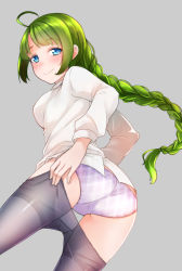 Rule 34 | 10s, 1girl, ahoge, ass, blouse, blue eyes, blush, braid, braided ponytail, breasts, closed mouth, clothes pull, comah, cowboy shot, dressing, from behind, green hair, grey background, kantai collection, light smile, long hair, looking at viewer, looking back, medium breasts, mole, mole under mouth, panties, pantyhose, pantyhose pull, plaid, plaid panties, purple panties, shirt, simple background, single braid, smile, solo, thighband pantyhose, underwear, very long hair, white shirt, yuugumo (kancolle)