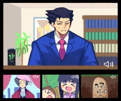 Rule 34 | 1other, 2boys, 2girls, ace attorney, black hair, blunt bangs, bookshelf, character request, charley (ace attorney), closed eyes, collared shirt, coronavirus pandemic, denaseey, dick gumshoe, formal, grey hair, hat, maya fey, miles edgeworth, monster energy, multiple boys, multiple girls, necktie, nightcap, open mouth, parted lips, pearl fey, phoenix wright, pink headwear, pink neckwear, plant, shirt, smile, suit, video call, white shirt