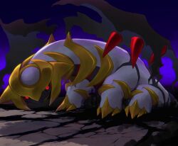 Rule 34 | black sclera, claws, climbing, colored sclera, commentary request, crack, cracked floor, creatures (company), game freak, gen 4 pokemon, giratina, giratina (altered), highres, legendary pokemon, looking at viewer, nintendo, no humans, orusuta961, pokemon, pokemon (creature), red eyes, solo, spikes