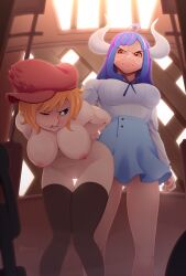 Rule 34 | 2girls, absurdres, artist request, bent over, blue eyes, blue hair, blue skirt, breasts, closed mouth, hat, highres, horns, koala (one piece), large breasts, long sleeves, medium breasts, multiple girls, nipples, one eye closed, one piece, orange hair, red headwear, shirt, skirt, tagme, thighhighs, ulti (one piece), white shirt