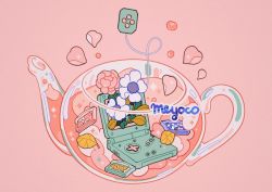 Rule 34 | artist name, bad id, bad twitter id, flower, game boy advance sp, game cartridge, handheld game console, leaf, meyoco, no humans, original, pink background, pink flower, simple background, sparkle, teabag, teapot, white flower