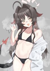 Rule 34 | 1girl, :3, absurdres, ahoge, bikini, black bikini, black hair, blue archive, blush, clothes down, collarbone, colored inner hair, commentary request, demon horns, demon tail, fang, flat chest, grey background, groin, hair intakes, halo, halterneck, hand up, handjob gesture, head tilt, heart, highres, horns, kasumi (blue archive), lab coat, long hair, multicolored hair, navel, open mouth, oversized clothes, puchimosu (mosu1427), red hair, side-tie bikini bottom, sidelocks, sleeves past fingers, sleeves past wrists, steaming body, string bikini, sweat, swimsuit, tail, thighs