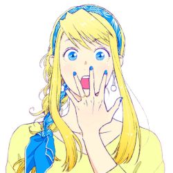 Rule 34 | 1girl, :o, blonde hair, blue eyes, blue nails, braid, earrings, eyelashes, fingernails, fullmetal alchemist, hanayama (inunekokawaii), hand on own face, jewelry, long hair, long sleeves, looking at viewer, nail polish, open mouth, ring, shirt, simple background, solo focus, upper body, white background, winry rockbell, yellow shirt