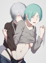 Rule 34 | 2girls, absurdres, alternate costume, aqua hair, blush, casual, colored eyelashes, contemporary, closed eyes, from behind, ghost quartz (houseki no kuni), green hair, grey background, grey eyes, grey hair, hair over one eye, hand in panties, hand under clothes, hand under shirt, highres, houseki no kuni, humanization, multiple girls, navel, panties, phosphophyllite, pointy ears, protected link, shirt, short hair, short hair with long locks, sweat, tea oden, underwear, undressing, yuri