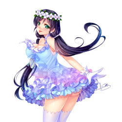 Rule 34 | 10s, 1girl, :p, ass, breasts, cleavage, dress, earrings, female focus, flower, frilled dress, frills, gloves, grandia bing, green eyes, head wreath, jewelry, large breasts, long hair, love live!, love live! school idol festival, love live! school idol project, purple hair, short dress, signature, solo, thighhighs, third-party source, tongue, tongue out, tojo nozomi, twintails, twisted torso, white gloves, white thighhighs