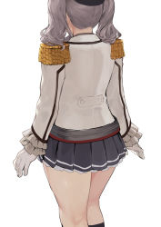 Rule 34 | 1girl, black socks, commentary request, epaulettes, frilled sleeves, frills, gloves, grey skirt, ikuchan kaoru, jacket, kantai collection, kashima (kancolle), kneehighs, long sleeves, military, military jacket, military uniform, miniskirt, pleated skirt, sidelocks, silver hair, simple background, skirt, socks, solo, twintails, uniform, wavy hair, white background, white gloves, white jacket