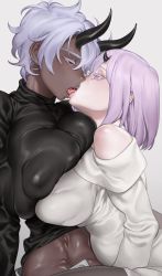 Rule 34 | 2girls, alexis (zkstxxx), bad id, bad pixiv id, blush, breasts, character request, covered erect nipples, dark-skinned female, dark skin, eye contact, french kiss, highres, horns, huge breasts, implied fingering, impossible clothes, impossible sweater, kiss, large breasts, light purple hair, lips, looking at another, multiple girls, no bra, off-shoulder, off-shoulder sweater, off shoulder, open fly, pantyhose, phantasy star, phantasy star online 2, purple eyes, red eyes, short hair, silver hair, single horn, sweater, turtleneck, turtleneck sweater, very dark skin, yuri, zkstxxx