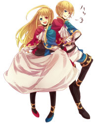 Rule 34 | 1boy, 1girl, ascot, asymmetrical footwear, belt, black pantyhose, blonde hair, blue eyes, boots, brooch, cape, dress, gender request, genderswap, gloves, heterochromia, highres, jewelry, long hair, maerchen (album), mismatched footwear, mugi (twinbox), open mouth, pantyhose, red eyes, short hair, simple background, skirt hold, smile, sound horizon, sword, tettere, thigh boots, thighhighs, weapon, white gloves