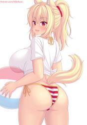 Rule 34 | 1girl, animal ears, ass, ball, beachball, bikini, blonde hair, blush, breasts, cat ears, cat girl, cat tail, commentary, english commentary, from behind, hair ornament, highres, holding, holding ball, holding beachball, large breasts, long hair, looking at viewer, nottytiffy, open mouth, original, patreon username, ponytail, red eyes, shirt, short sleeves, side-tie bikini bottom, simple background, smile, solo, striped bikini, striped clothes, swimsuit, tail, thighs, tiffy (nottytiffy), white background, white shirt