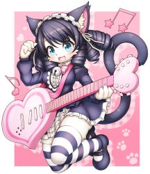 Rule 34 | 1girl, animal ears, animal eyes, aqua eyes, black hair, blush, body fur, bow, breasts, cat, cat ears, cat girl, cat tail, claws, commentary request, cyan (show by rock!!), fang, fewer digits, full body, furrification, furry, furry female, guitar, hair between eyes, heart, instrument, long sleeves, looking at viewer, maid headdress, medium breasts, musical note, partial commentary, paw print, pink background, pink bow, show by rock!!, solo, strawberry heart (show by rock!!), striped clothes, striped legwear, striped thighhighs, tail, thighhighs, tsuji, white fur