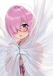 Rule 34 | 1girl, ayul (ayulneri 92), bikini, blush, breasts, cleavage, collarbone, commentary request, curtain grab, curtains, fate/grand order, fate (series), glasses, hair over one eye, highres, large breasts, light purple hair, looking at viewer, mash kyrielight, open mouth, pink bikini, pink hair, purple eyes, purple hair, short hair, solo, swimsuit, white bikini