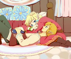 Rule 34 | 1boy, 1girl, arm support, bad id, bad pixiv id, bed, blonde hair, blue eyes, book, boots, bracelet, carpet, couple, curtains, eye contact, hand on head, hetero, holding hands, hug, jewelry, lap pillow, link, long hair, looking at another, lying, nintendo, pants, pillow, pointy ears, princess zelda, room, saiba (henrietta), short hair, sweater, the legend of zelda, the legend of zelda: skyward sword