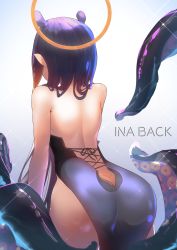 Rule 34 | 1girl, ass, back, back focus, backless dress, backless outfit, bare arms, bare shoulders, butt crack, dress, from behind, halo, highres, hololive, hololive english, long hair, monster girl, ninomae ina&#039;nis, ntk nartaku, purple dress, purple hair, solo, tentacles, virtual youtuber