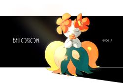 Rule 34 | 1girl, absurdres, artist name, bellossom, black background, character name, closed mouth, colored skin, creatures (company), english text, closed eyes, female focus, flat chest, flower, game freak, gen 2 pokemon, green skin, hands up, highres, holding, holding flower, iogi (iogi k), light, light particles, light rays, monster girl, multicolored hair, nintendo, plant girl, pokemon, pokemon (creature), red flower, shadow, simple background, solo, standing, straight-on, twitter username, two-tone hair, watermark