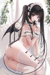 Rule 34 | 1girl, arm garter, arm support, ass, belt collar, bikini, black choker, black hair, black nails, blunt bangs, choker, collar, cross, cross earrings, demon girl, demon tail, demon wings, ear piercing, earrings, feet out of frame, frilled hairband, frills, grin, hairband, heart, heart earrings, highres, holding tail, jewelry, leaning to the side, long hair, looking at viewer, maid, maid bikini, maid headdress, mole, mole under eye, nail polish, ompf, original, piercing, sharp teeth, sitting, smile, solo, swimsuit, tail, teeth, thighhighs, thighs, twintails, unconventional maid, very long hair, white hairband, white thighhighs, white wrist cuffs, wings, wrist cuffs