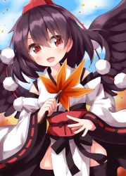 Rule 34 | 1girl, :d, black hair, black skirt, black wings, blouse, blue sky, blush, cowboy shot, day, detached sleeves, feathered wings, hair between eyes, hand fan, hat, hauchiwa, highres, holding, holding fan, kourindou tengu costume, long sleeves, looking at viewer, one-hour drawing challenge, open mouth, pom pom (clothes), red eyes, ribbon trim, ruu (tksymkw), shameimaru aya, shirt, short hair, skirt, sky, smile, solo, tassel, tokin hat, touhou, white shirt, wide sleeves, wings