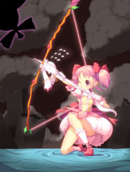 Rule 34 | 10s, 1girl, bad id, bad pixiv id, bobby socks, bow, bow (weapon), bubble skirt, flying sweatdrops, hair bow, kaname madoka, koflif, kyubey, magical girl, mahou shoujo madoka magica, mahou shoujo madoka magica (anime), on one knee, one eye closed, pink eyes, pink hair, short hair, short twintails, silhouette, skirt, socks, twintails, walpurgisnacht (madoka magica), weapon, wink