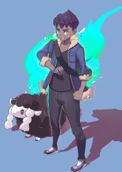 Rule 34 | 1boy, absurdres, alternate color, bag, black pants, black shirt, blue jacket, clenched hand, collarbone, commentary, creatures (company), dark-skinned male, dark skin, duffel bag, fur-trimmed jacket, fur trim, game freak, gen 8 pokemon, green bag, grey background, highres, hiro (user negm3832), holding, holding poke ball, hop (pokemon), jacket, male focus, nintendo, open clothes, open jacket, pants, parted lips, poke ball, poke ball (basic), pokemon, pokemon swsh, purple hair, scrape, shiny pokemon, shirt, shoes, short hair, sleeves past elbows, smile, standing, wooloo, yellow eyes