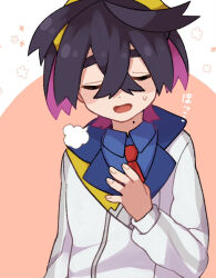 Rule 34 | 1boy, black hair, blue shirt, blush, collared shirt, colored inner hair, commentary request, creatures (company), crossed bangs, game freak, hair between eyes, hand on own chest, hand to own chest, hayashi (pixiv), headband, highres, jacket, kieran (pokemon), light smile, male focus, mole, mole on neck, multicolored hair, necktie, nintendo, open mouth, pokemon, pokemon sv, purple hair, red necktie, shirt, short hair, sigh, sweat, two-tone hair, upper body, white jacket, yellow eyes, yellow headband