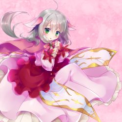 Rule 34 | 1girl, ahoge, bow, bowtie, capelet, dress, flower knight girl, green eyes, grey hair, hair ornament, kujou mikuru, layered dress, long hair, looking at viewer, multicolored eyes, pink background, pink bow, pink capelet, pink dress, pink eyes, pink theme, red skirt, serruria (flower knight girl), skirt, smile, solo