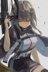 Rule 34 | 1girl, arknights, black capelet, black collar, black skirt, black thighhighs, blue eyes, bow (weapon), capelet, clothes writing, collar, commentary, cowboy shot, crossbow, grey background, grey hair, greythroat (arknights), hair ornament, highres, holding, holding crossbow, holding weapon, infection monitor (arknights), looking at viewer, looking to the side, shirt, short hair, simple background, sitting, skirt, solo, thighhighs, uutan (shibainu kakumei), weapon, white shirt