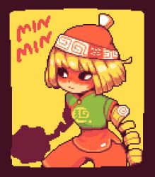 Rule 34 | 1girl, arms (game), beanie, bike shorts, blonde hair, chinese clothes, facepaint, food, green eyes, hat, pantyhose under shorts, looking at viewer, mask, min min (arms), noodles, pantyhose, pixel art, short hair, shorts, solo