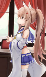 Rule 34 | 1girl, ascot, ayanami (azur lane), azur lane, belt, blurry, chair, choker, commentary request, curtains, depth of field, desk, detached sleeves, fingers together, from side, hair ornament, hairclip, headgear, highres, long hair, looking away, looking up, micchamu, midriff, orange eyes, pleated skirt, ponytail, retrofit (azur lane), ribbon-trimmed sleeves, ribbon trim, school uniform, serafuku, silver hair, skirt, smile, solo, thighhighs, white thighhighs, wide sleeves, window, zettai ryouiki