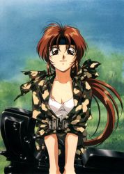 Rule 34 | 1girl, atsuko nakajima, brown eyes, brown hair, camouflage, gun, hairband, highres, holding, long hair, nakajima atsuko, oversized object, ponytail, solo, weapon