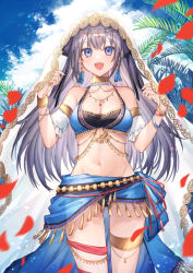 Rule 34 | 1girl, :d, anklet, bare shoulders, black panties, blue eyes, breasts, cleavage, cloud, cowboy shot, coyucom, crop top, dancer, day, detached sleeves, earrings, grey hair, groin, harem outfit, highres, jewelry, long hair, looking at viewer, medium breasts, midriff, navel, neck ring, necklace, open mouth, original, outdoors, panties, petals, revealing clothes, sky, smile, solo, standing, stomach, thighs, underwear, veil