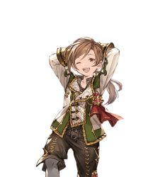 Rule 34 | 10s, 1boy, aged down, arms behind back, brown hair, child, granblue fantasy, lamorak (granblue fantasy), male focus, minaba hideo, official art, one eye closed, red eyes, shorts, smile, solo, transparent background