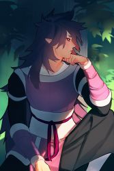 Rule 34 | 1boy, fengxi (the legend of luoxiaohei), hand up, hikazio, knee up, leaf, long hair, plant, pointy ears, profile, purple hair, solo, luo xiaohei zhanji, tree, upper body