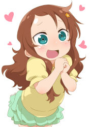 Rule 34 | 1girl, :d, brown hair, commentary request, cowboy shot, dated, forehead, green eyes, green skirt, hands up, heart, highres, kobayashi-san chi no maidragon, long hair, looking at viewer, open mouth, own hands together, puffy sleeves, saikawa riko, samansa ex, shirt, short sleeves, signature, simple background, skirt, smile, solo, swept bangs, white background, yellow shirt