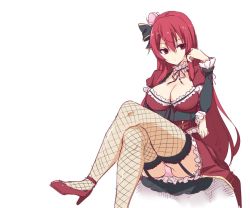 Rule 34 | 1girl, black bow, bow, breasts, cattleya (flower knight girl), choker, cleavage, crossed legs, expressionless, fishnet thighhighs, fishnets, flower, flower knight girl, frills, hair bow, hair flower, hair ornament, image sample, lace, lace-trimmed legwear, lace trim, large breasts, legs, long hair, morino harifu, panties, pantyshot, pink panties, red eyes, red footwear, red hair, red skirt, shoes, sitting, skirt, solo, thighhighs, thighs, underwear, white background