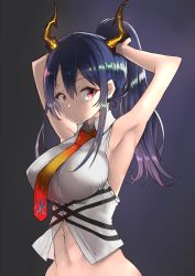 Rule 34 | 1girl, alternate hairstyle, arknights, armpits, arms up, bad id, bad twitter id, bare arms, bare shoulders, black background, blue hair, breasts, ch&#039;en (arknights), commentary request, gradient background, large breasts, long hair, looking at viewer, navel, necktie, ponytail, purple background, red eyes, shirt, sidelocks, sleeveless, sleeveless shirt, solo, tying hair, upper body, white shirt, yuzuruka (bougainvillea)