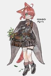 Rule 34 | ahoge, animal ears, arknights, bag, bandaged leg, bandages, black footwear, bow hairband, brown cloak, choker, cloak, commentary request, dress, flower, fox ears, fox girl, fox tail, glasses, gloves, green eyes, grey dress, hair over one eye, hairband, herb, highres, holding, holding test tube, id card, looking at viewer, myrrh (arknights), pink hairband, pomopomoinu, red hair, shoes, short hair, short ponytail, simple background, smile, sneakers, tail, test tube, thigh strap, white background