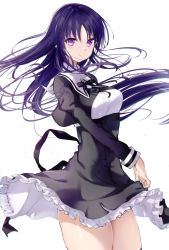 Rule 34 | 1girl, :o, arm behind back, assault lily, black ribbon, blue hair, blush, breasts, dress, high-waist skirt, large breasts, long hair, looking at viewer, meen (ouaughikepdvrsf), purple eyes, ribbon, school uniform, shirai yuyu, simple background, skirt, solo, standing, swimsuit, thighhighs, thighs, upper body, white background, yurigaoka girls academy school uniform