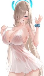 Rule 34 | 1girl, asuna (blue archive), blue archive, blue eyes, breasts, cleavage, dress, highres, large breasts, light brown hair, long hair, meraring, simple background, smile, solo, white dress