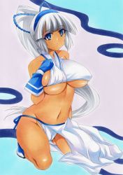 Rule 34 | 1girl, absurdres, bare shoulders, blue eyes, breasts, cameltoe, closed mouth, commentary request, covered erect nipples, dark-skinned female, dark skin, full body, fundoshi, gloves, hairband, highres, japanese clothes, kneeling, large breasts, long hair, majikina mina, midriff, navel, ponytail, rozarin, samurai spirits, shiny skin, simple background, solo, stomach, traditional media, underboob, white hair