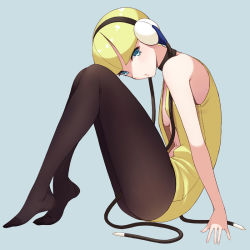 Rule 34 | 10s, 1girl, arm support, bad id, bad pixiv id, black pantyhose, blonde hair, blue eyes, breasts, cable, creatures (company), elesa (pokemon), f-cla, feet, game freak, gym leader, headphones, legs, nintendo, no bra, no shoes, pantyhose, pokemon, pokemon bw, short hair, sideboob, simple background, sitting, solo, thighs, toes, underboob