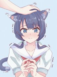 Rule 34 | 2girls, animal ears, blue background, blue eyes, blue hair, blue ribbon, blush, cat ears, cat girl, cat tail, closed mouth, commentary request, dark blue hair, dress, embarrassed, female pov, grey dress, hair ribbon, hasu no sora school uniform, headpat, highres, kemonomimi mode, link! like! love live!, long hair, looking down, love live!, low twintails, mole, mole on neck, multiple girls, murano sayaka, neckerchief, nose blush, own hands together, pov, pov hands, puffy short sleeves, puffy sleeves, red neckerchief, ribbon, sailor collar, sailor dress, sakurabuchi noyu, school uniform, short sleeves, solo focus, split mouth, summer uniform, tail, tearing up, trembling, twintails, upper body, virtual youtuber, white sailor collar