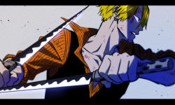 Rule 34 | 1boy, alternate weapon, black vest, blonde hair, blood, bruise, fighting stance, from side, hair over one eye, holding, holding knife, injury, knife, letterboxed, looking to the side, male focus, one piece, orange shirt, partially unbuttoned, sanji (one piece), serious, shirt, short hair, solo, taro (honyarara00), upper body, vest, weapon