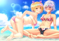 Rule 34 | 2girls, absurdres, all fours, ass, barefoot, beach, bikini, blonde hair, blush, breasts, day, dokyuu hentai hxeros, feet, green eyes, grin, highres, large breasts, looking at viewer, medium breasts, multiple girls, ocean, open fly, original, purple eyes, shirouzu myuuta, short hair, short shorts, shorts, side-tie bikini bottom, silver hair, sitting, smile, soles, swimsuit, swimsuit under clothes, tongue, tongue out, twintails