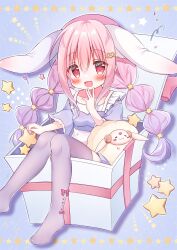 Rule 34 | 1girl, :3, absurdres, animal ears, blush, child, food-themed hair ornament, frilled sleeves, frills, gift, hair ornament, hanasakichu, highres, indie virtual youtuber, looking at viewer, low twintails, open gift, open mouth, original, pink eyes, pink hair, rabbit ears, sanrio, sheep, solo, star (symbol), strawberry hair ornament, thighhighs, twintails, virtual youtuber
