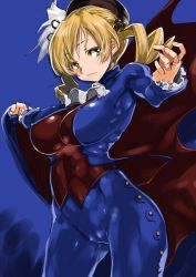 Rule 34 | 1girl, alternate costume, beret, blonde hair, breasts, cape, cosplay, covered erect nipples, demitri maximoff, demitri maximoff (cosplay), drill hair, hair ornament, hat, large breasts, mahou shoujo madoka magica, mahou shoujo madoka magica (anime), matador, shinama, simple background, solo, tomoe mami, vampire (game), yellow eyes
