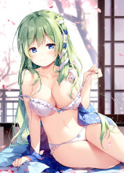 Rule 34 | 1girl, arm support, bare arms, bare legs, bare shoulders, blue bow, blue eyes, blue kimono, blurry, blurry background, blush, bow, bow bra, bow panties, bra, breasts, cherry blossoms, cleavage, collarbone, commentary request, day, frilled bra, frilled panties, frills, frog hair ornament, green hair, hair between eyes, hair censor, hair ornament, hair tubes, half-closed eyes, hand up, indoors, japanese clothes, kimono, kochiya sanae, large breasts, long hair, looking at viewer, miyase mahiro, navel, nipples, panties, parted lips, petals, sitting, sliding doors, smile, snake hair ornament, solo, spring (season), stomach, strap gap, strap slip, touhou, tree, underwear, very long hair, white bra, white panties