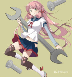 Rule 34 | 10s, 1girl, akashi (kancolle), blush, bolt, green eyes, hair ribbon, hip vent, kantai collection, long hair, looking at viewer, nei (etc), oversized object, pink hair, ribbon, school uniform, serafuku, side slit, skirt, smile, solo, thighhighs, tress ribbon, twintails, very long hair, wrench