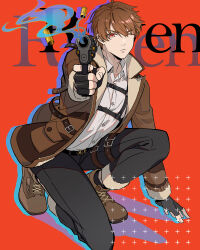 Rule 34 | 1boy, absurdres, aiming, aiming at viewer, belt, black gloves, black pants, boots, brown eyes, brown footwear, brown hair, brown jacket, closed mouth, collared shirt, fingerless gloves, full body, gloves, gun, handgun, highres, holding, holding gun, holding weapon, jacket, looking at viewer, luke pearce (tears of themis), male focus, mjm (user afra8722), on one knee, one eye closed, pants, red background, shell casing, shirt, smoke, smoking barrel, solo, tears of themis, weapon, white shirt