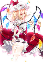 Rule 34 | 1girl, absurdres, arms behind back, ass, blonde hair, calpis118, crystal, feet out of frame, flandre scarlet, frilled shirt collar, frilled skirt, frills, from behind, glowing, glowing eyes, grin, hair between eyes, hat, highres, holding, holding polearm, holding staff, holding weapon, laevatein (touhou), looking at viewer, looking back, medium hair, mob cap, petticoat, polearm, profile, puffy sleeves, rainbow order, red eyes, red skirt, red vest, shirt, sideways glance, skirt, skirt set, smile, solo, staff, touhou, vest, weapon, white hat, white shirt, wings, wrist cuffs